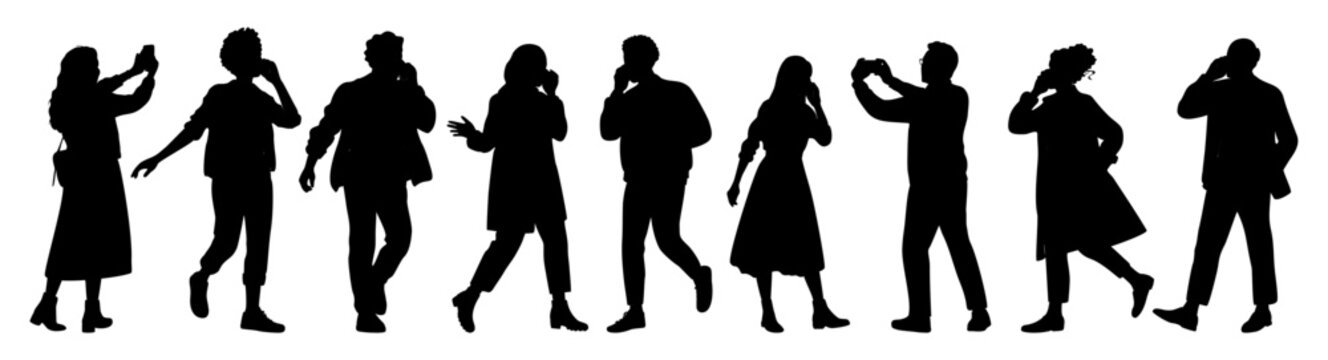 Minimalist black and white silhouette illustration of diverse people walking and standing in a horizontal line, showing casual and business interactions.
