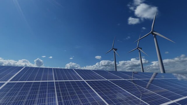Solar power plant and wind turbines. Renewable energy, green tech. Sustainable electricity, eco-friendly concept.