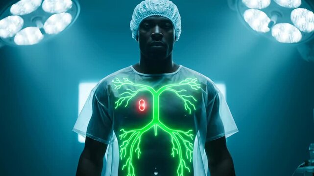 Medical animation shows lung bronchial system glowing in patient chest. Man displays respiratory anatomy with green light. Lung system visible during surgery. Patient shows bronchial tree glowing.