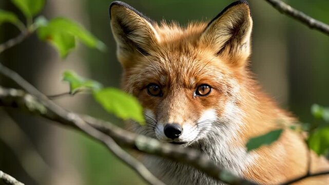 Close Up Of Red Fox With Green Leaves During Daytime Wild Animal Face With Brown Eyes And Beautiful Orange Fur Wildlife Portrait In Natural Forest Setting