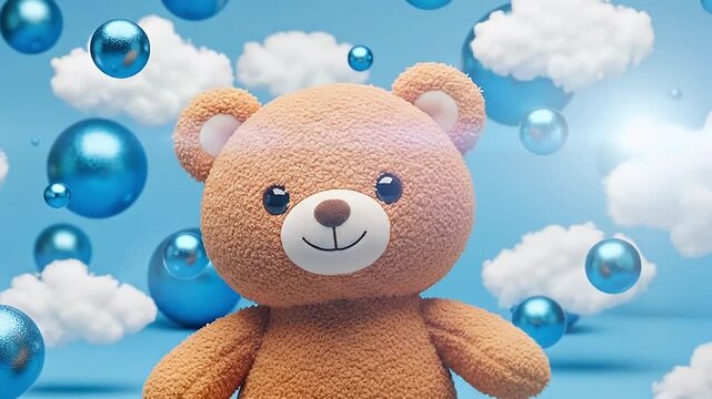 A charming 3D animated brown teddy bear character with a friendly, welcoming smile floats gently against a vibrant blue background. Soft, fluffy white cartoon clouds drift alongside numerous shimmerin
