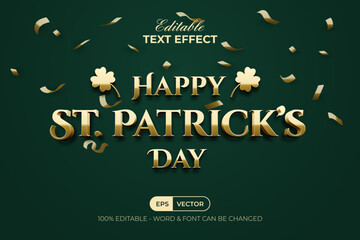 St Patrick's Day Text Effect Gold Luxury Style. Editable Text Effect With Golden Clover And Confetti.