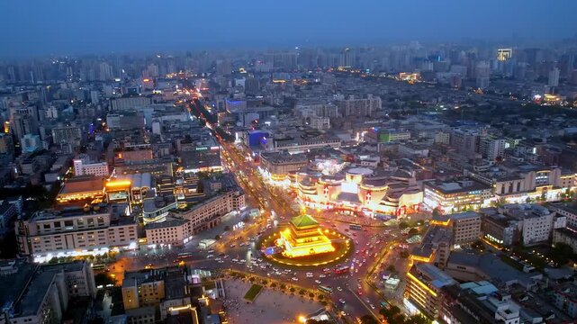 Aerial night view of the Bell Tower in Xi'an, Shaanxi Province, China