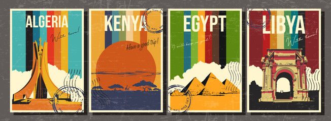 African Countries Attractions Postcard Set. Algeria, Egypt, Kenya, Libya Retro Postcards Style Illustrations. 1970s Color Lines, Aged Paper Textures © koyash07