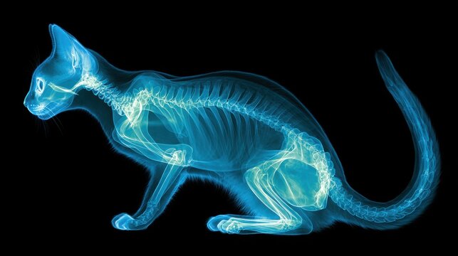 Scientific x-ray image of a cat skeleton showing anatomy structure and veterinary medical research details