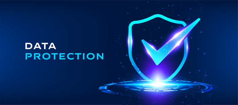 Data protection concept with secure shield and check mark icon, modern digital technology background. Cyber security and information protection vector illustration for online safety and data privacy.