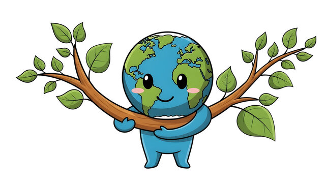 Cute Earth mascot character carrying a large leafy tree branch representing forestation