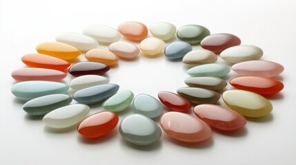 A colorful collection of smooth polished gemstones arranged in a circular pattern