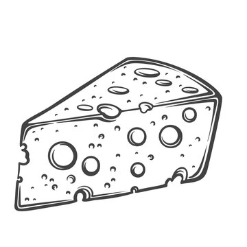Vintage cheese wedge with holes, classic dairy food in monochrome outline engraving style, isolated cheese slice with detailed linework for kitchen, menu, packaging and culinary design. vector illustr
