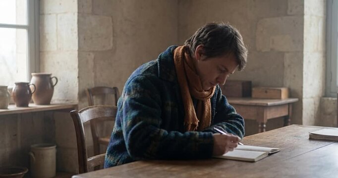 Person writing at wooden table in room near window