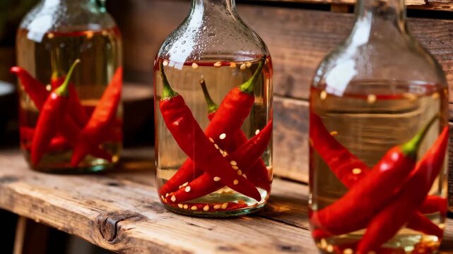 Medium shot of glass demijohns with chiliinfused vinegar showing vibrant red peppers steeping in clear liquid on a rustic wooden station.
