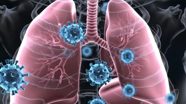 A video illustrating the impact of viruses on human lungs, showcasing a detailed 3D animation of the respiratory system with lungs and trachea affected by viral infection.
