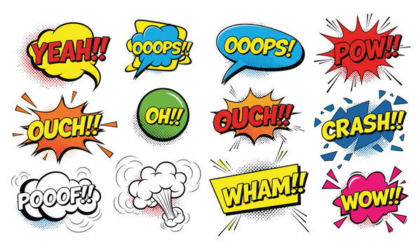 Colorful Pop Art Comic Speech Bubble Set. Collection of Cartoon Sound Effects and Phrases like Yeah, Pow, Crash, and Wham. Flat Vector Illustration on White Background.