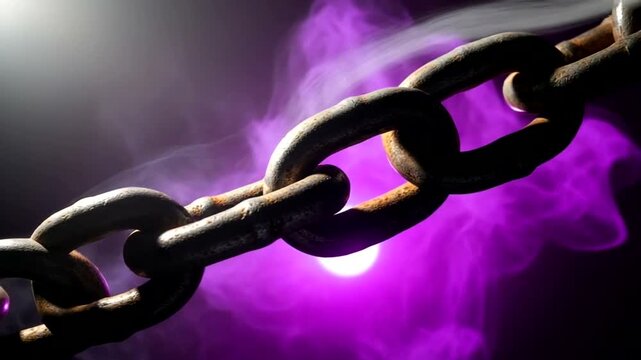 Rusty chain link illuminated by purple smoke background