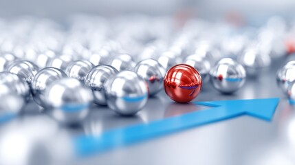 Shiny metal spheres, one red, amidst a sea of silver, with a blue arrow