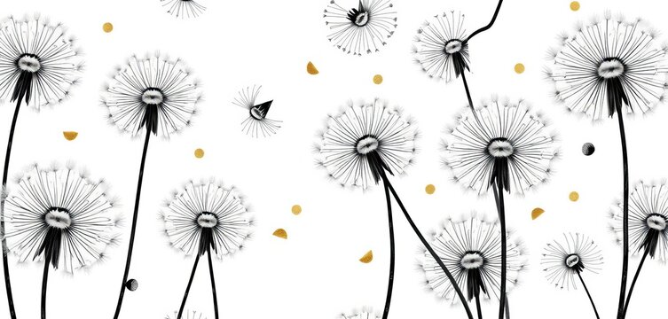 Elegant monochrome dandelion watercolor seamless pattern with gold accents on white background , spring, surface pattern