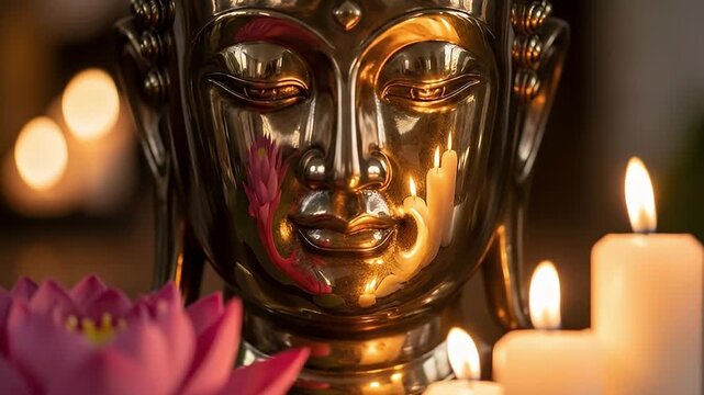 A close-up shot of a serene golden statue, depicting a peaceful, contemplative face with closed eyes. Soft, flickering candlelight illuminates the metallic surface, creating warm reflections and a tra