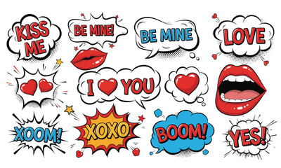 Valentines Day Pop Art Sticker Set. Collection of Comic Speech Bubbles with Love Phrases, Red Lips, and Hearts for Romantic Greetings and Social Media. © Robail