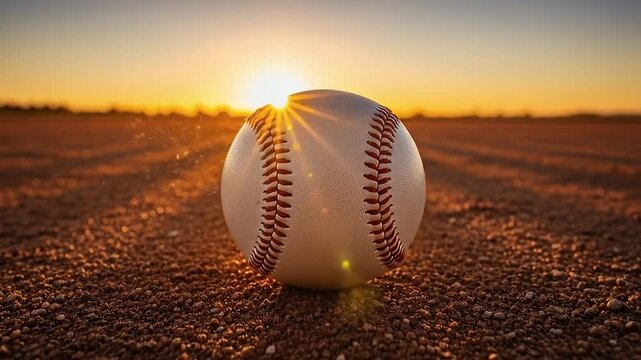 A close-up shot of a classic baseball resting on the gritty infield dirt of a stadium or practice field at golden hour. The setting sun dips directly behind the ball, creating a dramatic silhouette, a