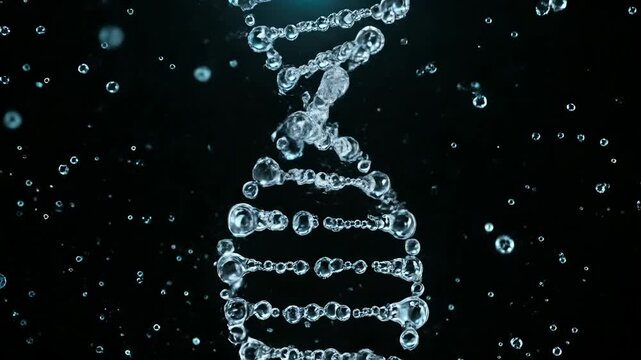 DNA helix forms from water bubble chain underwater. Bubble DNA structure floats with molecule shape. Water creates genetic helix from bubble. DNA bubble chain shows molecule structure underwater.