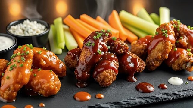 A delectable close-up of crispy, sauced chicken pieces, expertly arranged on a dark slate serving board. The vibrant orange and rich brown sauces, garnished with fresh green chives, create an irresist