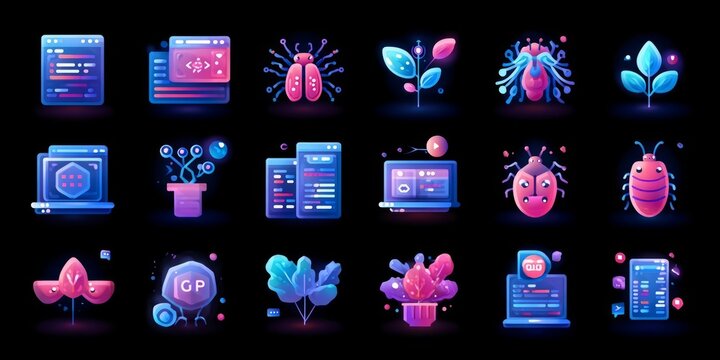 Digital icons depicting concepts such as software bugs, programming, technology and code, creating a stylish design with vibrant neon color palettes.