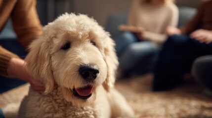 Veteran sitting comfortably in a support group interacts with a soothing therapy dog highlighting PTSD recovery and emotional support.