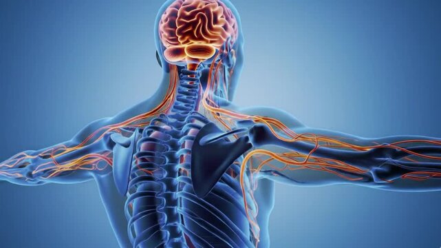 A video showcasing the human body's nervous system with a glowing brain and spine against a blue background