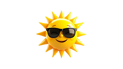 3D Happy Yellow Sun Emoji Wearing Sunglasses, Front View, Cheerful Expression, Isolated PNG