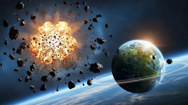 A dramatic cosmic event unfolds in deep space as a fiery explosion rips through a celestial body, sending incandescent fragments hurtling outwards. This powerful blast, suggestive of an asteroid impac