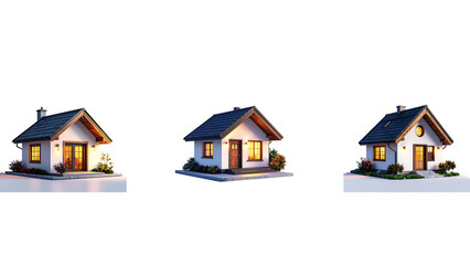 3D Residential House Icon, Modern Bungalow with Roof and Windows, Isolated on Transparent Background