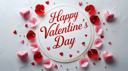 Happy Valentine's Day greeting with scattered hearts and rose petals on a white background