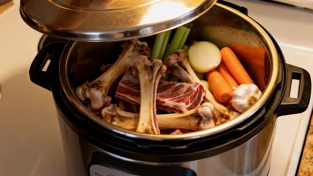 Medium shot showing a mixture of assorted bones and vegetables added into a pressure canner to create rich flavorful bone broth safely stored.