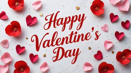 A charming and romantic 'Happy Valentine's Day' message elegantly displayed amidst a beautiful array of handcrafted paper hearts and blossoms, perfect for celebrating love