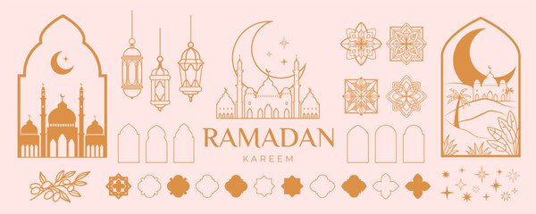 Fototapeta premium Ramadan Kareem and Eid Mubarak elements set in line art style. Holiday design with Islamic Mosque, ornaments, lanterns, arches, moon and stars.
