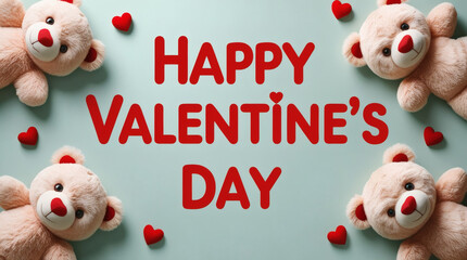 Happy Valentine's Day with Cute Teddy Bears and Hearts