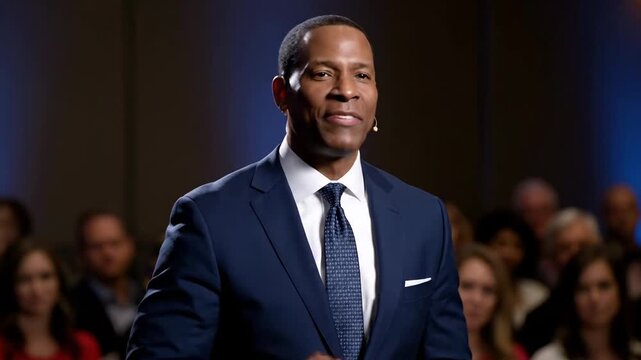 smiling african american businessman in blue suit