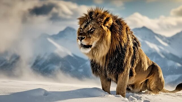 A magnificent adult male lion, characterized by its impressive dark mane, strides powerfully through a pristine, snow-covered landscape. Majestic snow-capped mountains rise dramatically in the backgro