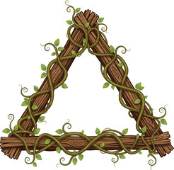 Rustic wooden triangle frame vector illustration with green climbing vines and leaves isolated on white background for jungle adventure and nature border design © Hosneara