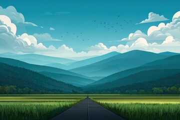 Obraz premium Mountains and fields stretch across the landscape under a blue sky with clouds and birds flying during the day