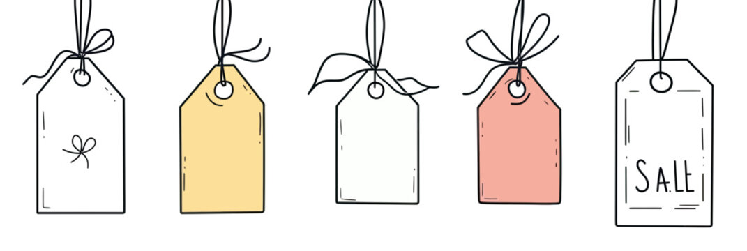 Hand drawn minimalist price tags and gift labels with string bows set including discount and sale tags vector illustration on white background - Powered by Adobe