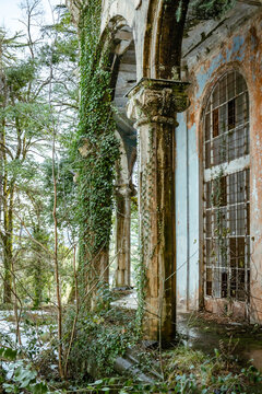 Overgrown entrance of abandoned sanatorium in Tskaltubo, Georgia