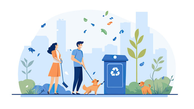 Couple walking dogs and cleaning up pet waste in urban park near recycling bin with cityscape background flat vector illustration