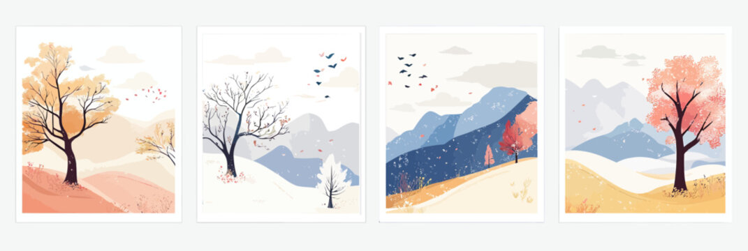 Minimalist vector illustration set representing four seasons with stylized trees, hills, mountain backgrounds, foliage changing colors, snow, and birds in flight for seasonal nature landscape concept