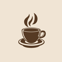Obraz premium Minimalist vintage coffee cup with saucer and steam vector logo design in brown flat style for cafe and restaurant branding