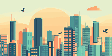 Naklejka premium Abstract modern city skyline with high rise buildings skyscrapers and birds flying in flat minimalist style urban landscape at sunrise or sunset