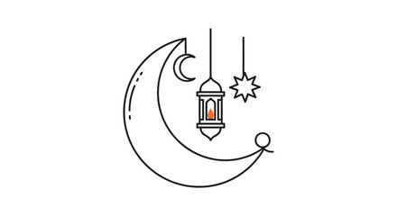Crescent Moon with Lantern and Stars Illustration. © Avra