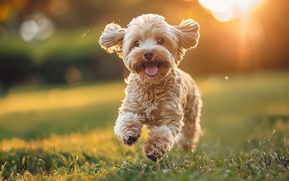 Cavapoo Puppy Running in Golden Sunset, capturing an energetic moment of outdoor play. Ideal for pet lifestyle content, dog product promotions, or heartwarming social media visuals.