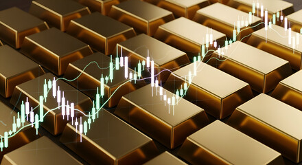Gold bars with financial stock market chart overlay, representing investment and wealth.