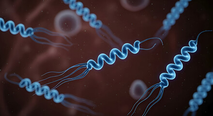 Spirochete bacteria under microscope, showing their characteristic spiral shape and flagella, in a medical or scientific context.